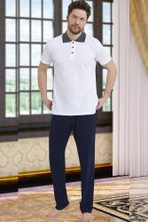 %100 Pamuklu Erkek Polo Yaka Kısa Kol T-shirt ve Alt Pijama Takım - 1