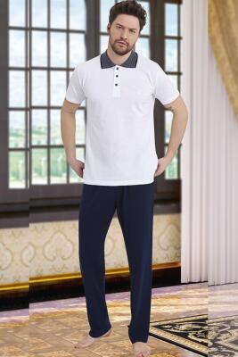 %100 Pamuklu Erkek Polo Yaka Kısa Kol T-shirt ve Alt Pijama Takım - 1