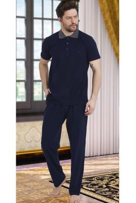 %100 Pamuklu Erkek Polo Yaka Kısa Kol T-shirt ve Alt Pijama Takım - 4
