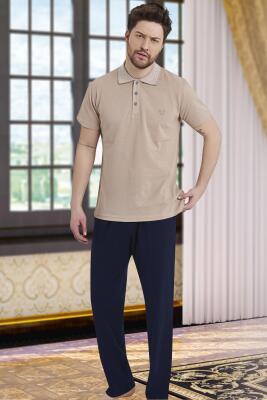 %100 Pamuklu Erkek Polo Yaka Kısa Kol T-shirt ve Alt Pijama Takım - 5