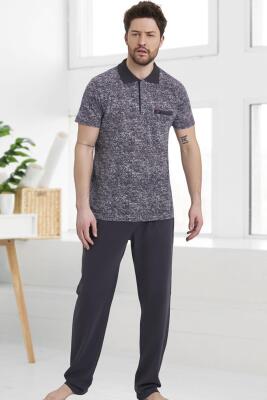 %100 Pamuklu Kısa Kol Polo Yaka Erkek Ev Giyim Pijama Takım - 1