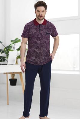 %100 Pamuklu Kısa Kol Polo Yaka Erkek Ev Giyim Pijama Takım - 2