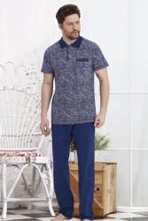 %100 Pamuklu Kısa Kol Polo Yaka Erkek Ev Giyim Pijama Takım - 3
