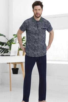 %100 Pamuklu Kısa Kol Polo Yaka Erkek Ev Giyim Pijama Takım - 4