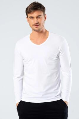 Cacharel Erkek Uzunkol V Yaka T-shirt, %95 Pamuk %5 Elestan - 1