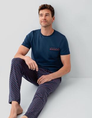 Erkek %100 Pamuk Pijama Takımı – Kısa Kollu Cepli T-Shirt & Desenli Uzun Pijama Altı - 1