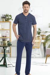 Erkek %100 Pamuklu Kısa Kol Süprem Penye Alt Üst Pijama Takım indigo