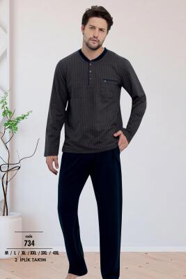 Erkek 2 İplik Uzunkol Pijama Takım, %100 Pamuk Büyük Beden Erkek Pijama Takım - 1