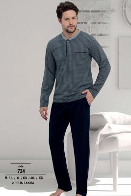 Erkek 2 İplik Uzunkol Pijama Takım, %100 Pamuk Büyük Beden Erkek Pijama Takım - 3