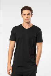 Erkek Kısakol V Yaka T-shirt, %50 Pamuk %50 Modal Siyah