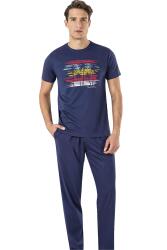 Erkek Yuvarlak Yaka %100 Pamuk Penye Pijama Takım indigo