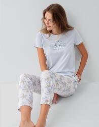 Kadın %50 Pamuk %50 Modal Baskılı Pijama Takımı – Kısa Kollu, Uzun Paça, Yumuşak Dokulu, Büyük Beden Seçenekli Açık Mavi