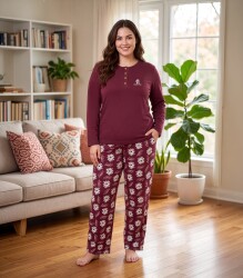Kadın Bordo %100 Pamuk Tok Kumaş Battal Beden Rahat Kalıp Pijama Takım