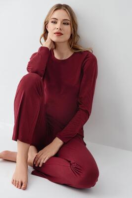 Kadın Bordo Uzunkol Pijama Takım, %50 Pamuk %50 Modal - 1