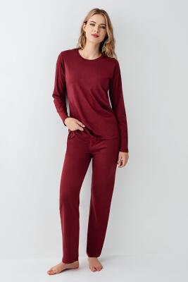 Kadın Bordo Uzunkol Pijama Takım, %50 Pamuk %50 Modal - 2