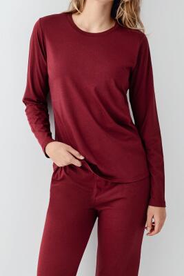 Kadın Bordo Uzunkol Pijama Takım, %50 Pamuk %50 Modal - 3
