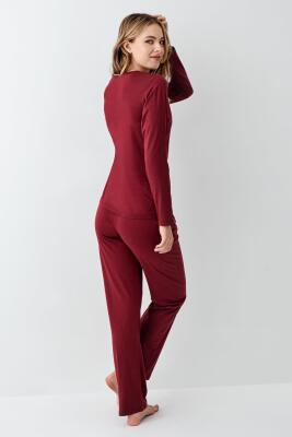 Kadın Bordo Uzunkol Pijama Takım, %50 Pamuk %50 Modal - 4