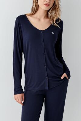 Kadın Gömlek Pijama Takım, Geniş Yakalı, %50 Modal %50 Pamuk - 3