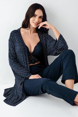 Kadın Lacivert 3'lü Pijama Takım, Düz Alt Pijama Desenli Sabahlık ve Bralet Takım %50 Pamuk %50 modal - 1