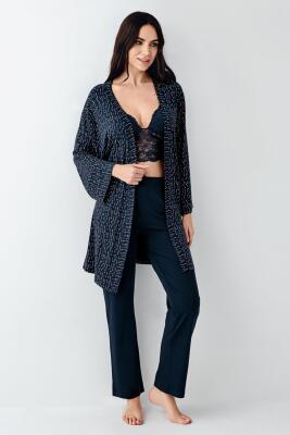 Kadın Lacivert 3'lü Pijama Takım, Düz Alt Pijama Desenli Sabahlık ve Bralet Takım %50 Pamuk %50 modal - 2