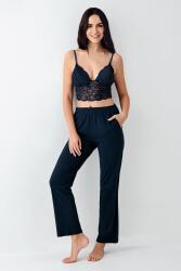 Kadın Lacivert 3'lü Pijama Takım, Düz Alt Pijama Desenli Sabahlık ve Bralet Takım %50 Pamuk %50 modal - 3