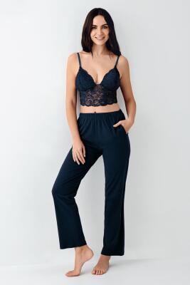 Kadın Lacivert 3'lü Pijama Takım, Düz Alt Pijama Desenli Sabahlık ve Bralet Takım %50 Pamuk %50 modal - 3