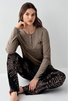 Kadın Modal Pamuk Yakası Düğmeli Pijama Takım, Alt Pijama Cepli ve desenli - 1