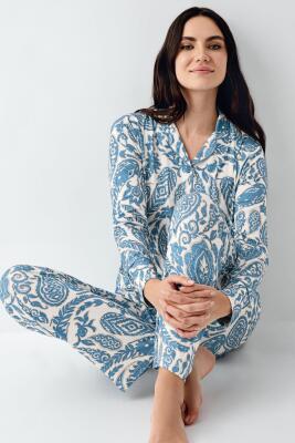 Kadın Turkuaz Gömlek Pijama Takım, %48 Pamuk %48 Modal %4 Elastan - 1