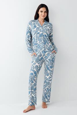 Kadın Turkuaz Gömlek Pijama Takım, %48 Pamuk %48 Modal %4 Elastan - 2