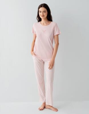 Kadın Yazlık %50 Pamuk %50 Modal Pijama Takımı – Kısa Kollu, Çizgili Alt, Rahat Ev Giyimi - 2