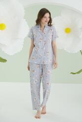 NBB %100 Pamuklu Kadın Gri Star Önden Düğmeli Pijama Takımı - 1