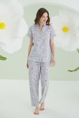 NBB %100 Pamuklu Kadın Gri Star Önden Düğmeli Pijama Takımı - 1