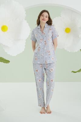 NBB %100 Pamuklu Kadın Gri Star Önden Düğmeli Pijama Takımı - 2