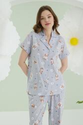 NBB %100 Pamuklu Kadın Gri Star Önden Düğmeli Pijama Takımı - 3