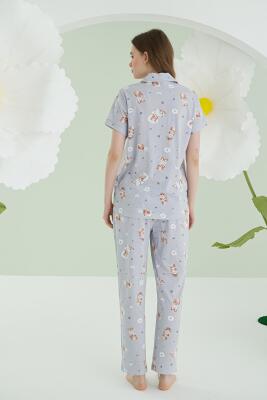NBB %100 Pamuklu Kadın Gri Star Önden Düğmeli Pijama Takımı - 4