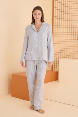 NBB Mevsimlik %100 Pamuklu Yıldız Baskılı Düğmeli Cepli Pijama Takım - 1