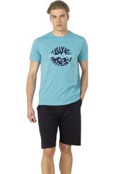 Pierre Cardin, Bisiklet Yaka, Baskılı, T-shirt Şort Takım, %100 Pamuk Mavi