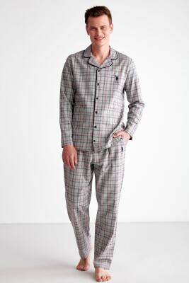 Rahat Kalıp Boydan Düğmeli Ekoseli Erkek Pijama Takım, Uzunkol Kareli Mevsimlik Pijama Takım - 1