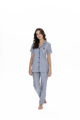 Us Polo Çizgili, Gömlek Yaka, %100 Pamuklu Pijama Takım - 1