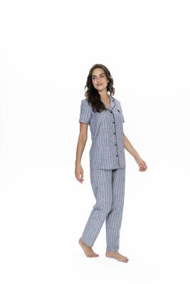 Us Polo Çizgili, Gömlek Yaka, %100 Pamuklu Pijama Takım - 4